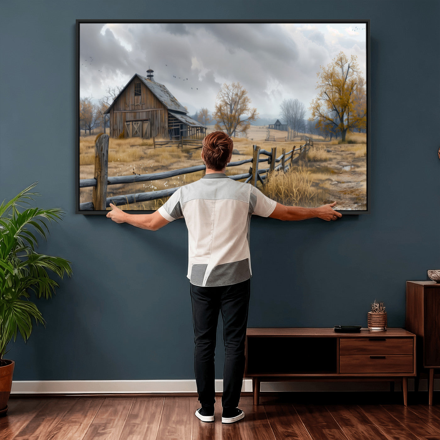 Farm1-MGV-CV-36X24 - Rustic Autumn Farmhouse Wall Art Canvas Print – Serene Countryside Scene with Weathered Barn and