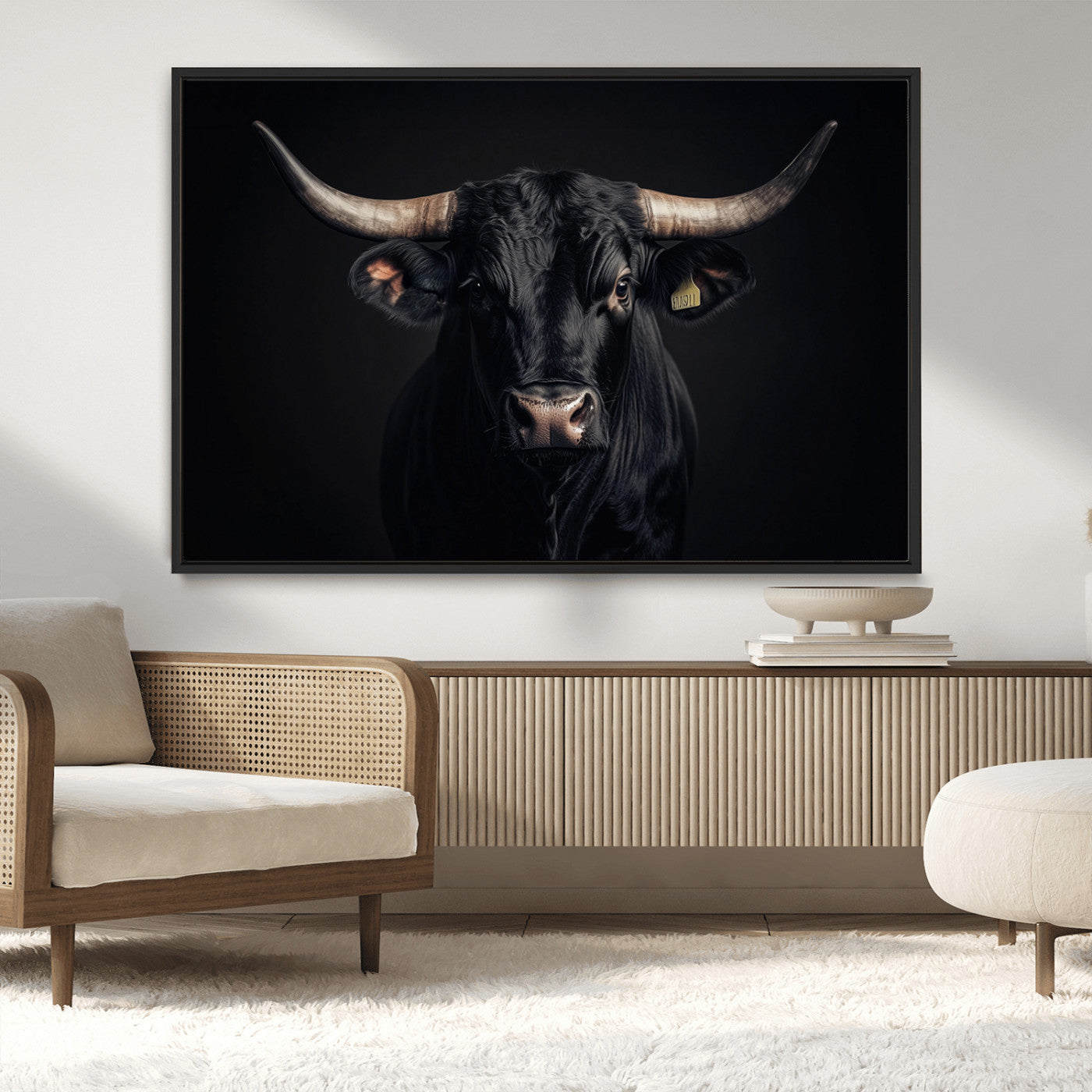 MGV-FC-36X24 - Black Bull Wall Art – Framed Horned Bull Canvas Artwork, Western Cattle Design, Rustic Ranch Style Decor for Home, Office
