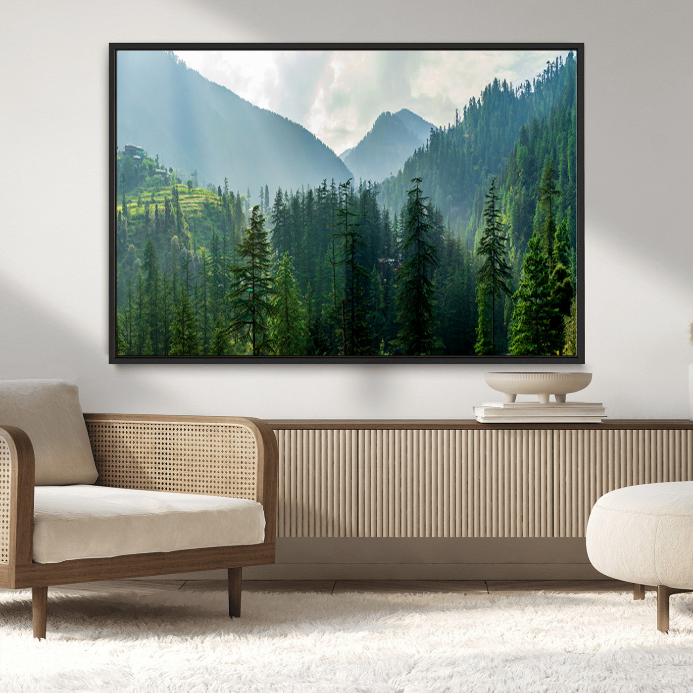 83417191-MGV-CV-36X24-Misty Forest Mountain Wall Art Canvas Print – Framed Serene Nature Scene with Tranquil Valley Artwork for Home, Office