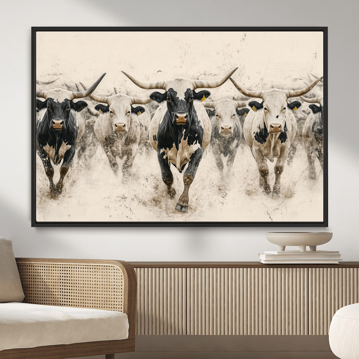 MGV-FC-36X24 - Cream Dust Longhorn Wall Art – Canvas Print of Western Herd Stampede, Dynamic Charge, Rustic Prairie Motion, Bold Nature Farm Decor