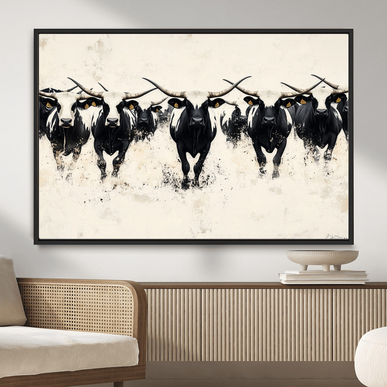 MGV-FC-36X24 - Longhorn Cattle Wall Art – Canvas Print of Herd in Motion, Symmetry and Ink Splatter, Minimalist Western Ranch, Bold Rustic Farm Decor