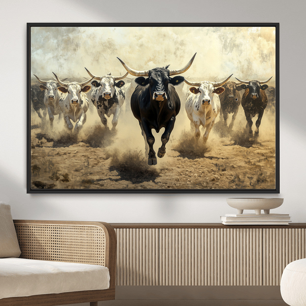 MGV-FC-36X24 - Running Cattle Wall Art – Canvas Print of Western Herd, Dust Stampede, Longhorns, Wild West Ranch, Bold Rustic Farm Decor for Home or Office