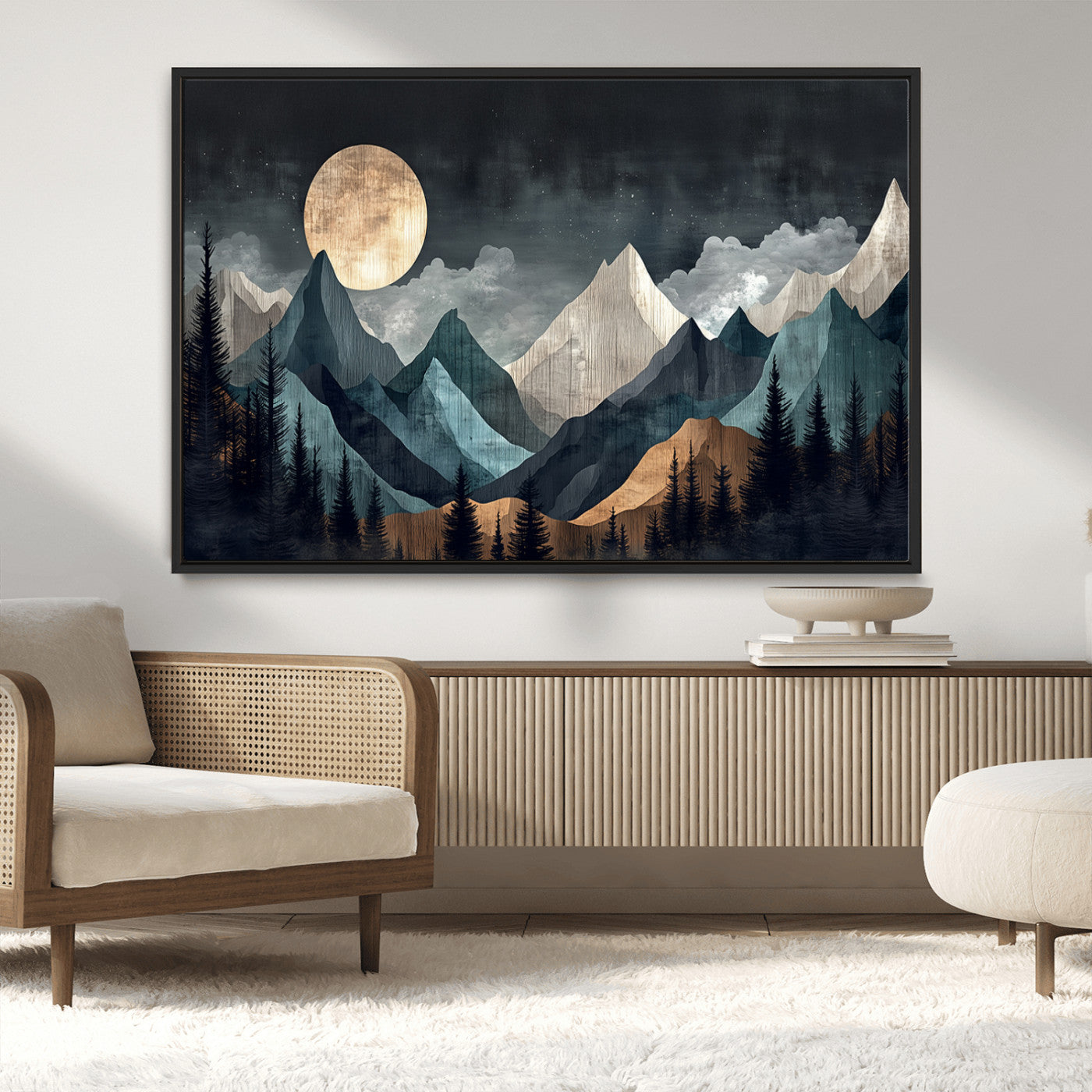 11060882-MGV-CV-36X24-Moonlit Mountain Wall Art Canvas Print – Silhouetted Pines Layered Peaks Tranquil Sky Mist Silver Light Nature Artwork for Home