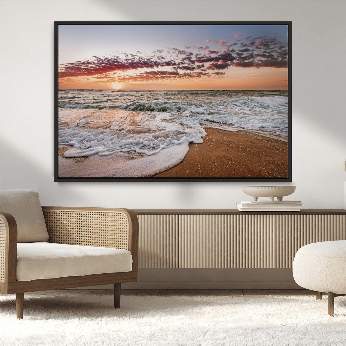 39846389-MGV-CV-36X24-Ocean Sunset Wall Art Canvas Print – Framed Sandy Shore Gentle Waves Coastal Landscape Minimalist Artwork for Home, Office