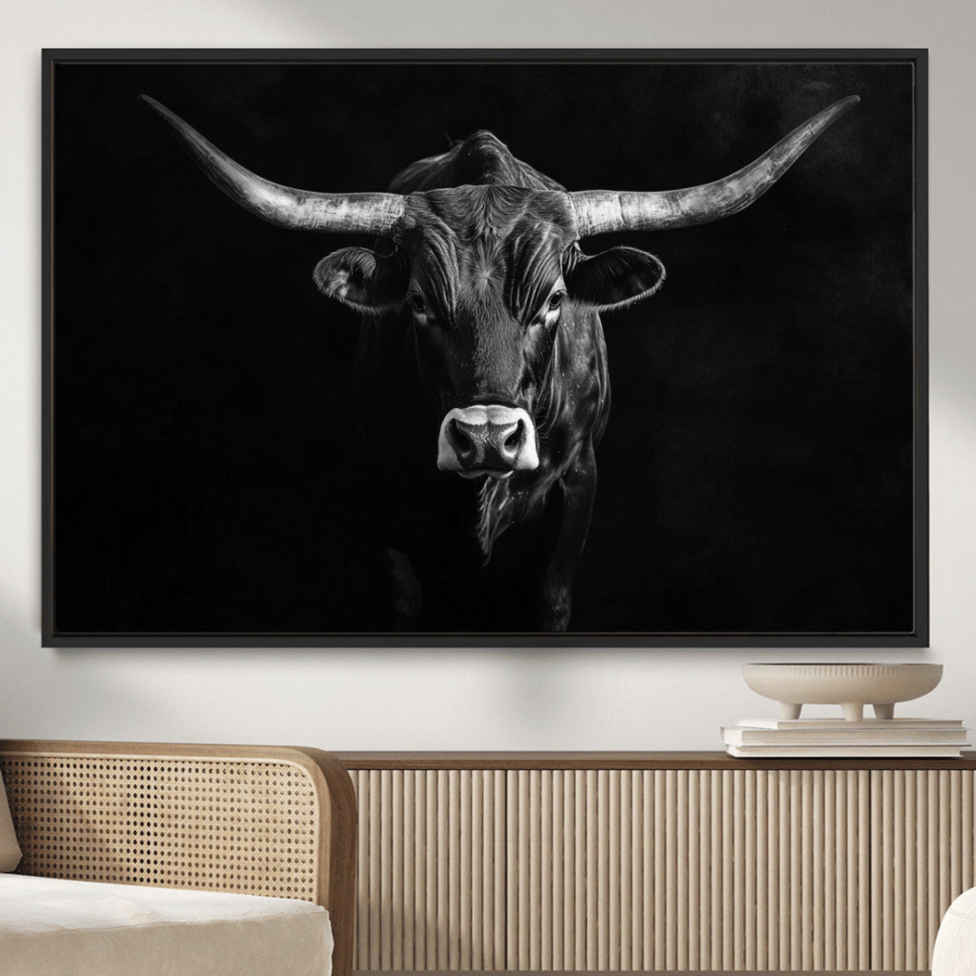 42077175-MGV-CV-36X24-Texas Longhorn Wall Art Canvas Print – Framed Monochrome Horned Bull Rustic Western Cattle Artwork for Home, Office