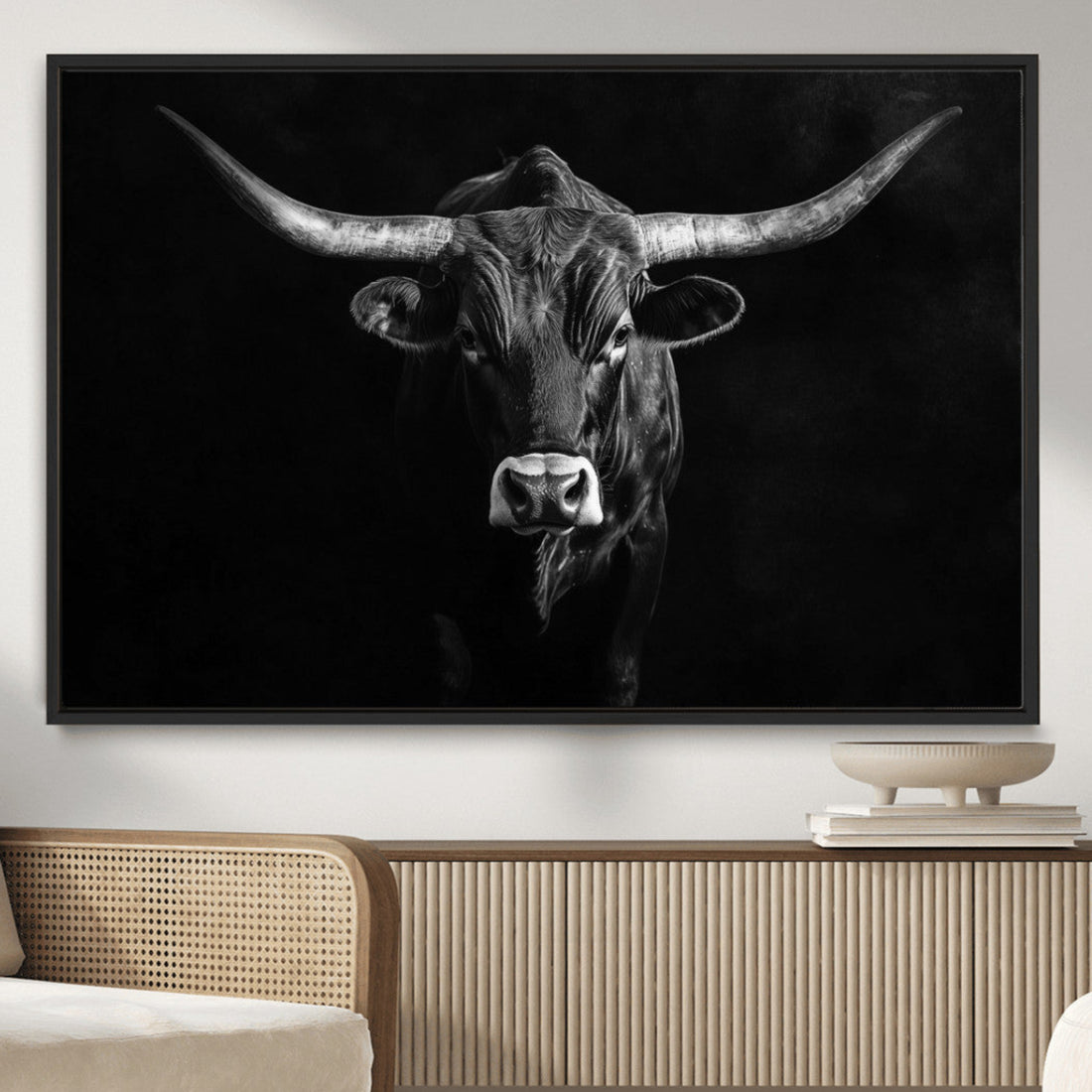 Texas Longhorn Wall Art Canvas Print | Framed Monochrome Horned Bull