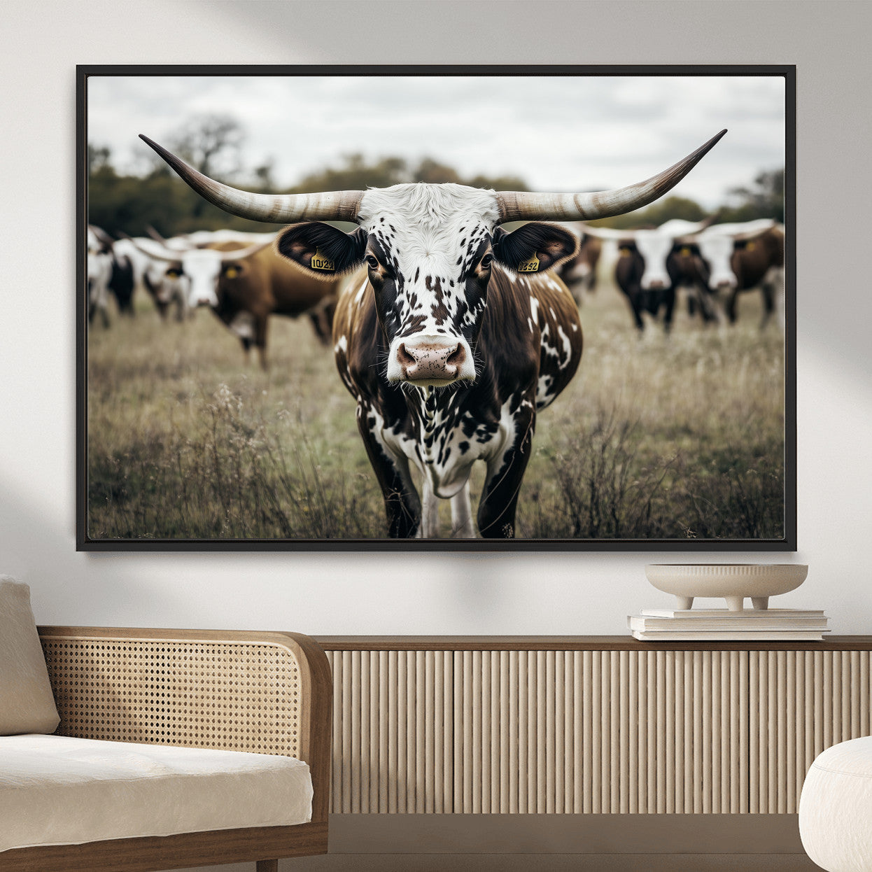 MGV-FC-36X24 - Majestic Longhorn Cow Wall Art – Canvas Print of Intricate Fur & Sharp Horns Earthy Tones Serene Landscape, Rustic Charm Decor for Living Room, Office or Bedroom