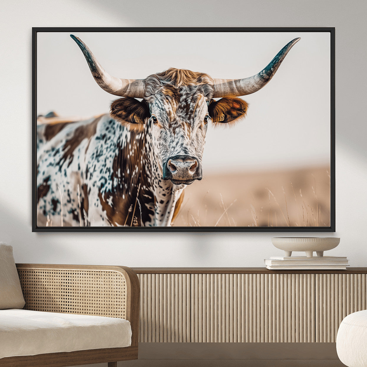 70414966-MGV-FC-36X24 - Majestic Longhorn Wall Art – Canvas Print of Strong Stance Intricate Fur & Sharp Horns Rustic Elegance & Timeless Wild Beauty Decor for Living Room, Office or Bedroom
