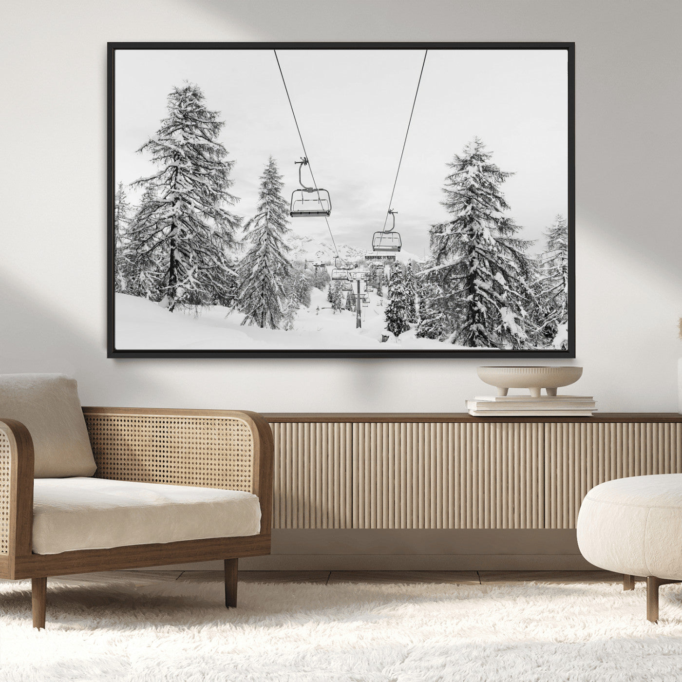 55003599-MGV-CV-36X24-Ski Lift Wall Art – Framed Snowy Mountain Canvas Artwork, Winter Forest Design, Minimal Nature Decor for Home, Office