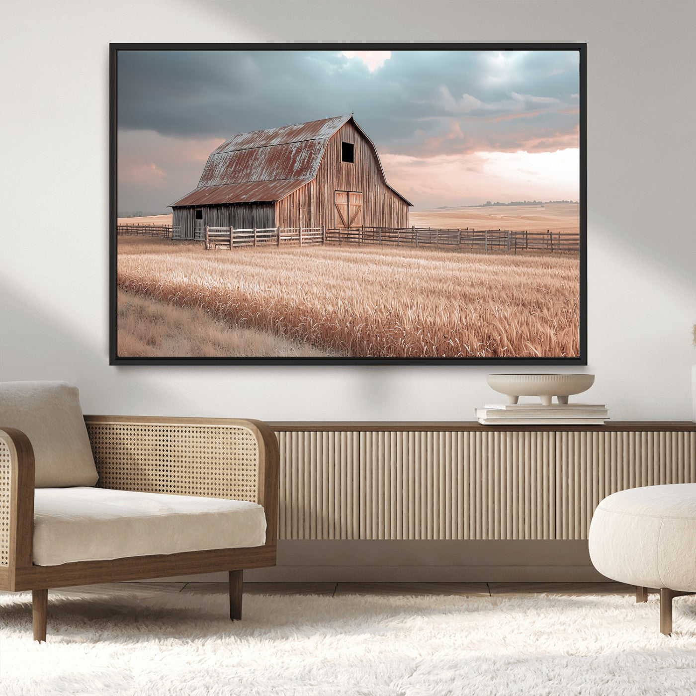 36878364-MGV-CV-36X24-Rustic Barn Wall Art Canvas Print – Framed Wheat Field Scene with Sunset Barn Artwork for Home, Office, Living Room
