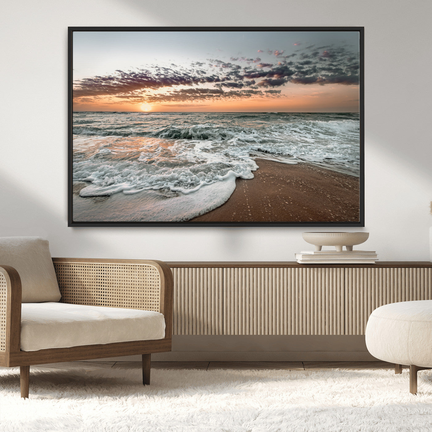 40632752-MGV-CV-36X24-Ocean Sunset Wall Art Canvas Print – Framed Beach Waves Scene with Coastal Artwork for Home, Office, Living Room