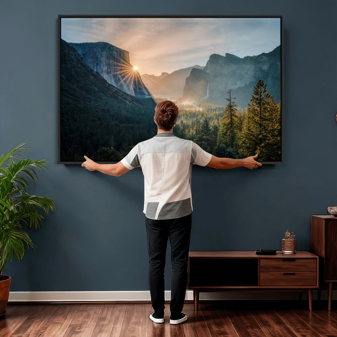 51605481-MGV-CV-36X24 - Yosemite Valley Wall Art – Misty Forest Peaks Canvas Print, Radiant Light, Tranquil Nature Landscape for Living Room or Cabin Decor