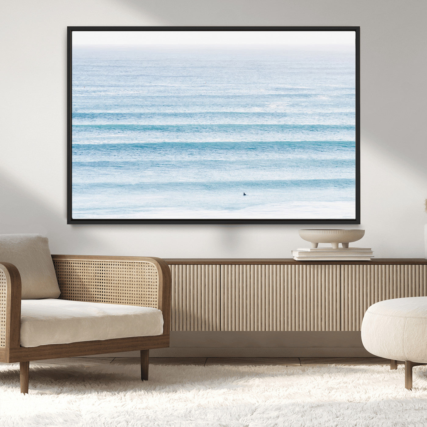 MGV-FC-36X24 - Ocean Simplicity Wall Art Canvas Print, Framed Surfer on Water Art Picture Print, Light Blue Perfect Coastal Minimalist Decor Artwork