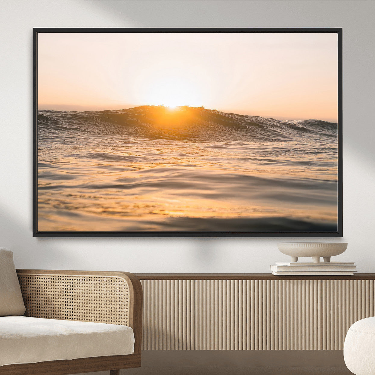 16973771-MGV-CV-36X24-Calm Water Wall Art – Framed Sunset Waves Canvas Artwork, Coastal Warm Design, Minimal Ocean Decor for Home, Office