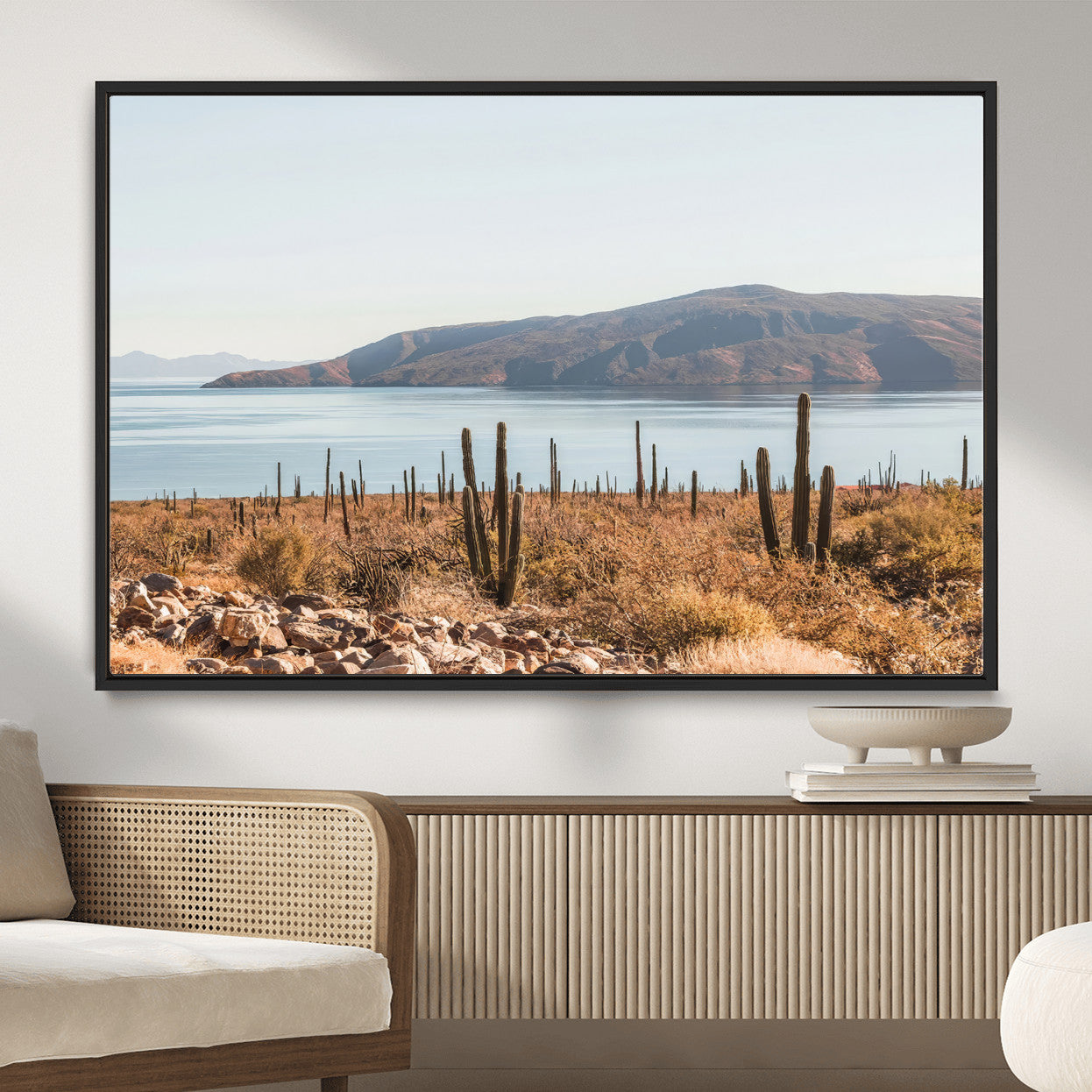 MGV-FC-36X24 - Desert Cactus Wall Art Canvas Print, Framed Baja Coastline Art Picture Print, Coastal Desert Perfect Southwestern Minimalist Decor Artwork