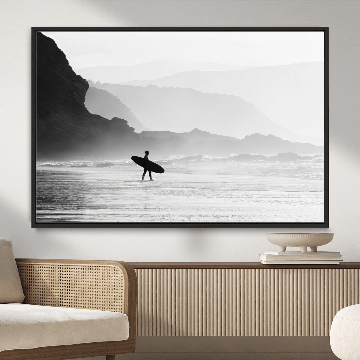 MGV-FC-36X24 - Surfer In Fog Wall Art Canvas Print, Framed Moody Shoreline Art Picture Print, Cliffside Waves Perfect Minimalist Coastal Decor Artwork