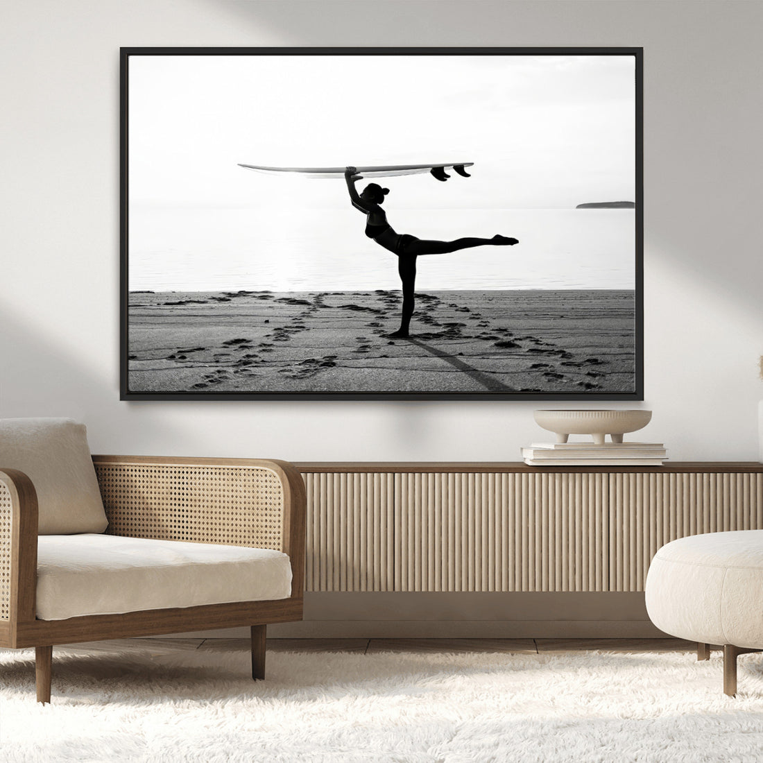 Yoga Surf Wall Art Canvas Print, Framed Black White Shore and Peaceful Ocean