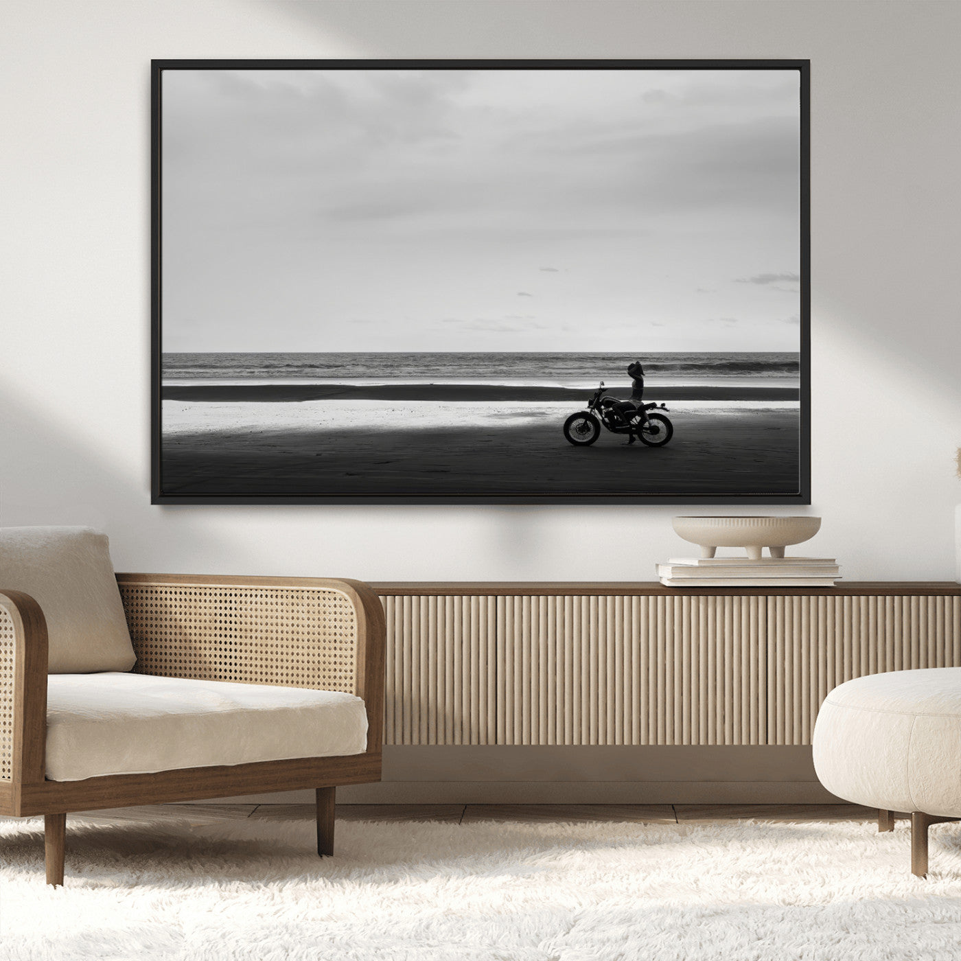 84739358-MGV-CV-36X24-Motorcycle Beach Wall Art Canvas Print – Framed Vintage Motorcycle Scene with Biker Silhouette Artwork for Home, Office