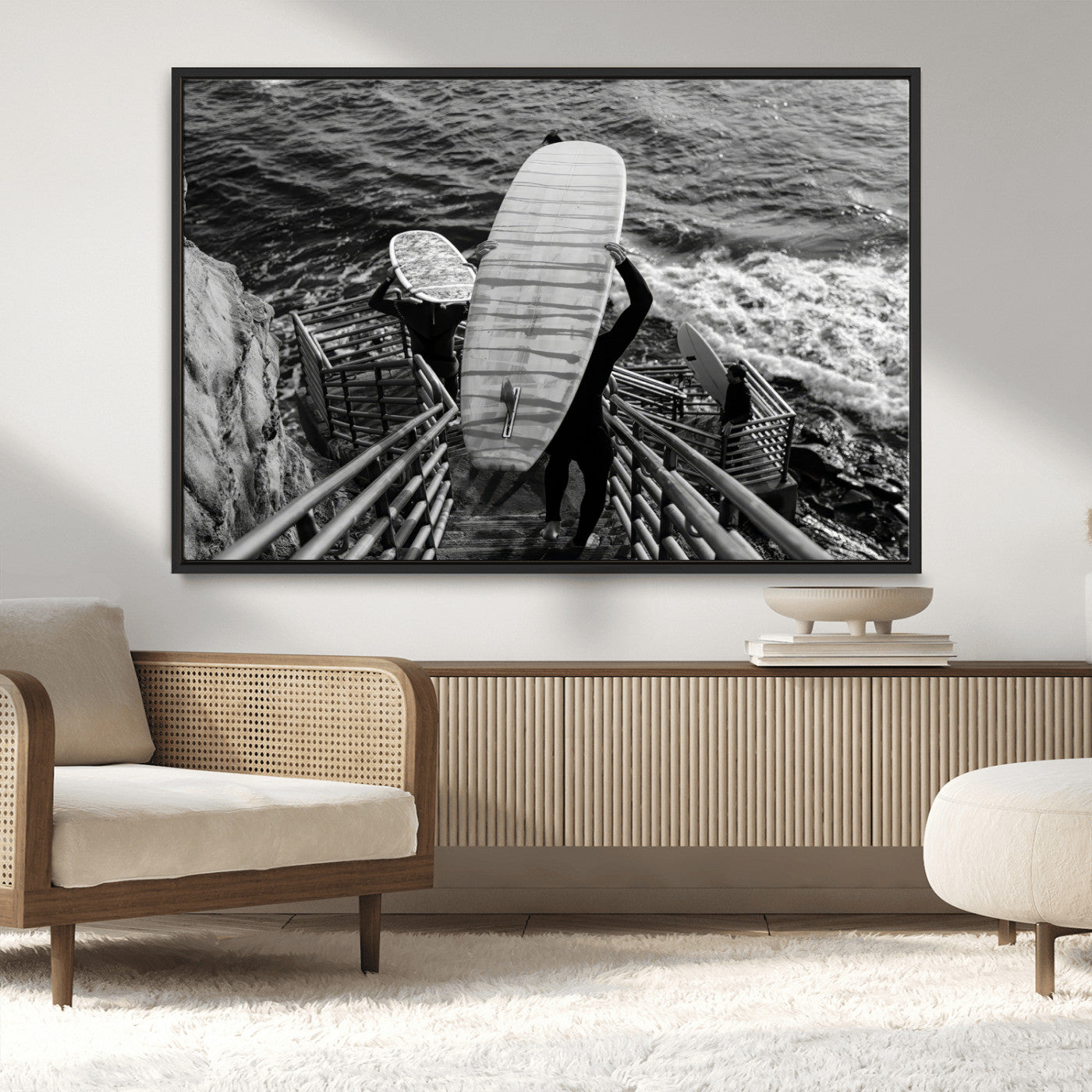 32353707-MGV-CV-36X24-Black and White Surfing Wall Art Canvas Print – Framed Coastal Wave Riders Adventure Artwork for Home, Office