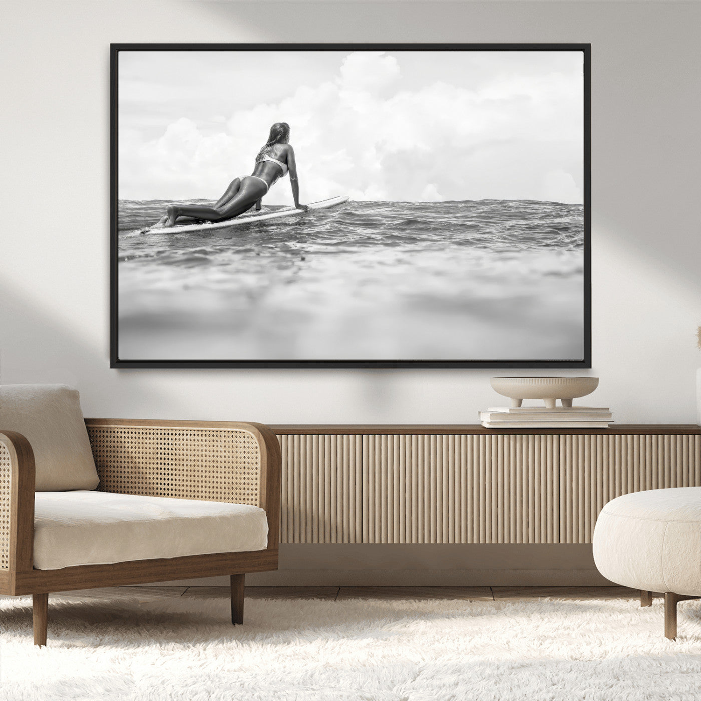 69798068-MGV-CV-36X24-Black and White Surfing Wall Art Canvas Print – Framed Ocean Horizon with Surfer Girl Coastal Adventure Artwork for Home, Office
