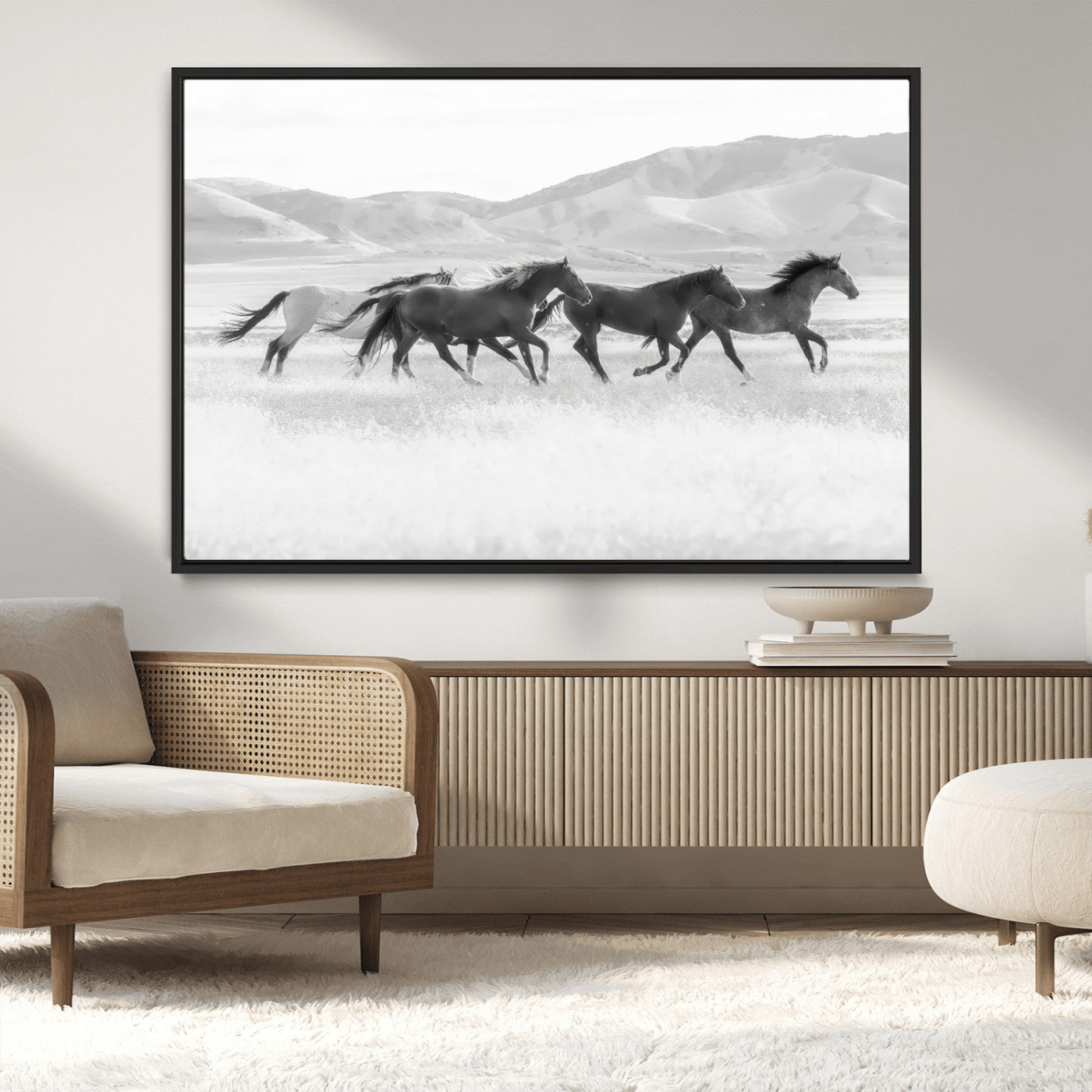 MGV-FC-36X24 - Wild Horses Wall Art – Black & White Canvas Print of Herd Running, Nature in Motion, Freedom & Beauty Decor for Guest Room, Office or Living Room