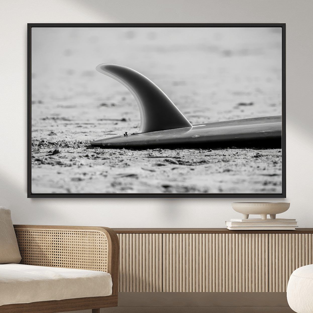 MGV-FC-36X24 - Black White Surfboard Wall Art Canvas Print, Framed Minimalist Beach Art Picture Print, Surf Fin Perfect Minimalist Coastal Decor Artwork