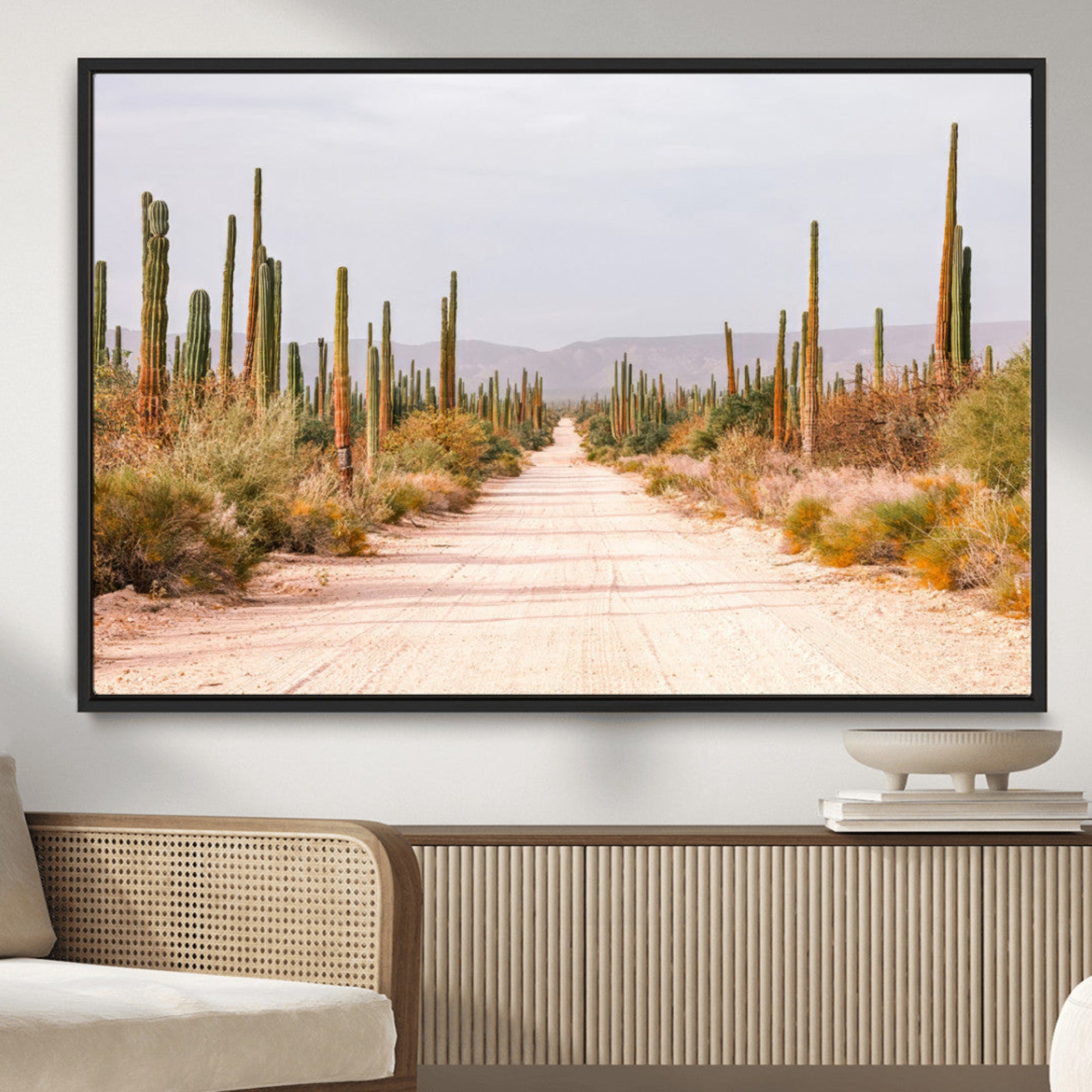 30742780-MGV-CV-36X24-Desert Cactus Lined Road Wall Art Canvas Print – Framed Southwestern Landscape Bohemian Western Aesthetic Artwork for Home, Office