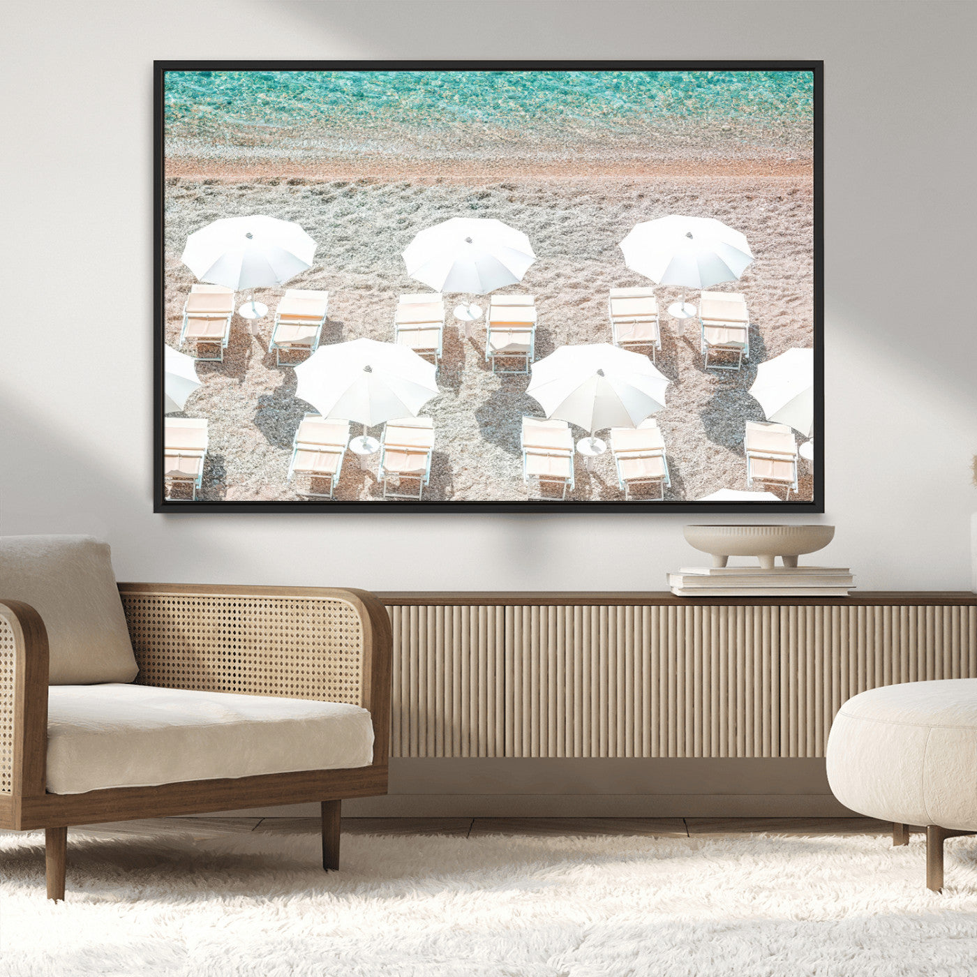 MGV-FC-36X24 - Calm Beach Wall Art Canvas Print, Framed Turquoise Water Art Picture Print, Umbrella Shoreline Perfect Coastal Minimalist Decor Artwork