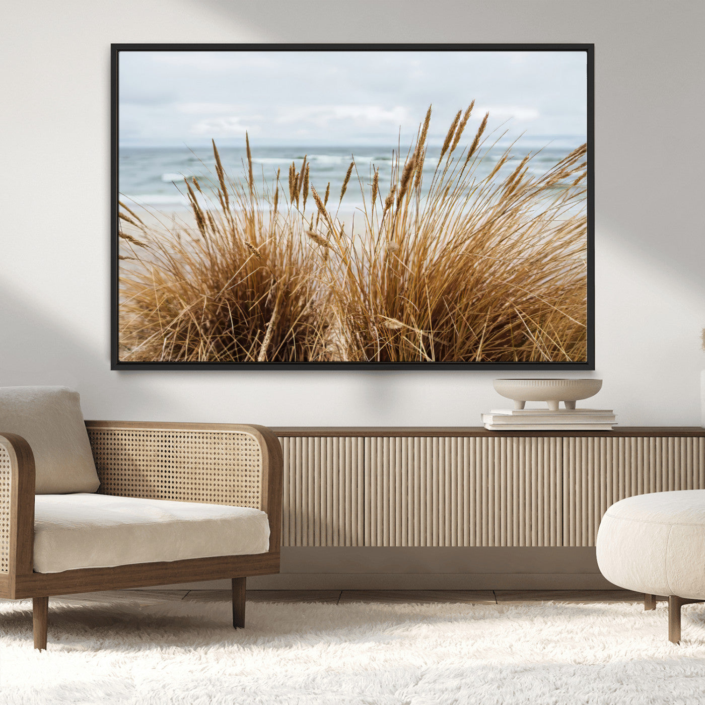 14270839-MGV-CV-36X24-Beach Grass Wall Art – Framed Coastal Dunes Canvas Artwork, Minimal Seaside Design, Modern Coastal Decor for Home, Office
