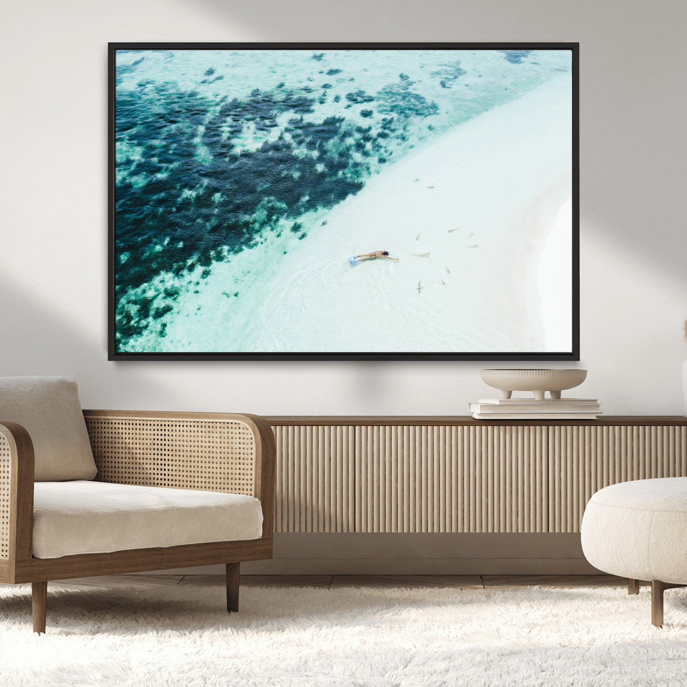 33764764-MGV-CV-36X24-Minimal Beach Wall Art – Framed Ocean Swimming Canvas Artwork, Clear Blue Sea Design, Modern Coastal Decor for Home, Office