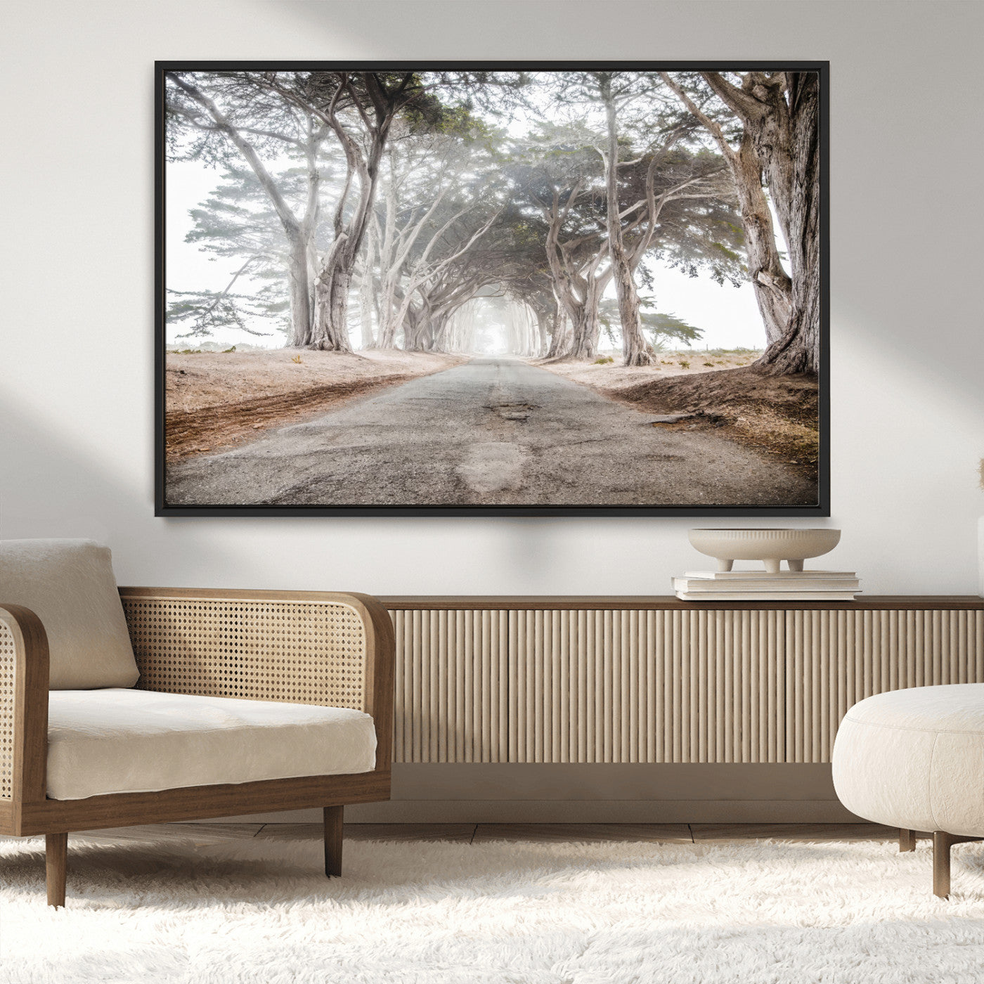 87090469-MGV-FC-36X24_Black-Cypress Tunnel Wall Art – Framed Misty Road Canvas Artwork, Foggy Trees Design, Rustic Woodland Nature Decor for Home, Office