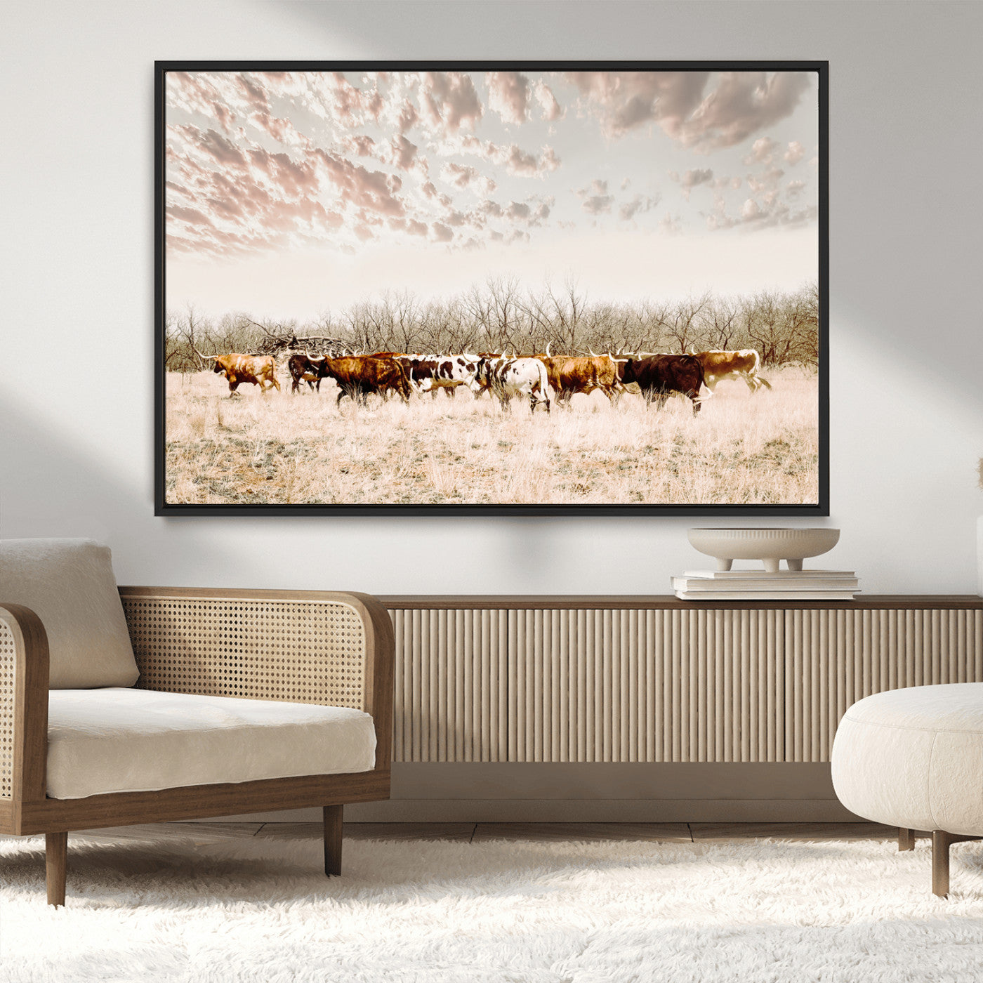 64892775-MGV-CV-36X24 - Longhorn Cattle Wall Art Canvas Print, Framed Texas Ranch Art Picture Print, Western Cow Perfect Western Decor Artwork