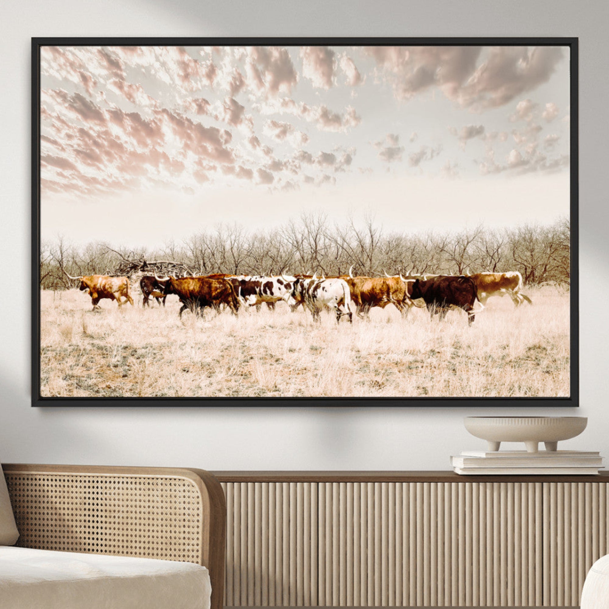 64892775-MGV-CV-36X24-Longhorn Cattle Wall Art Canvas Print – Framed Texas Ranch Scene with Western Cow Artwork for Home, Office