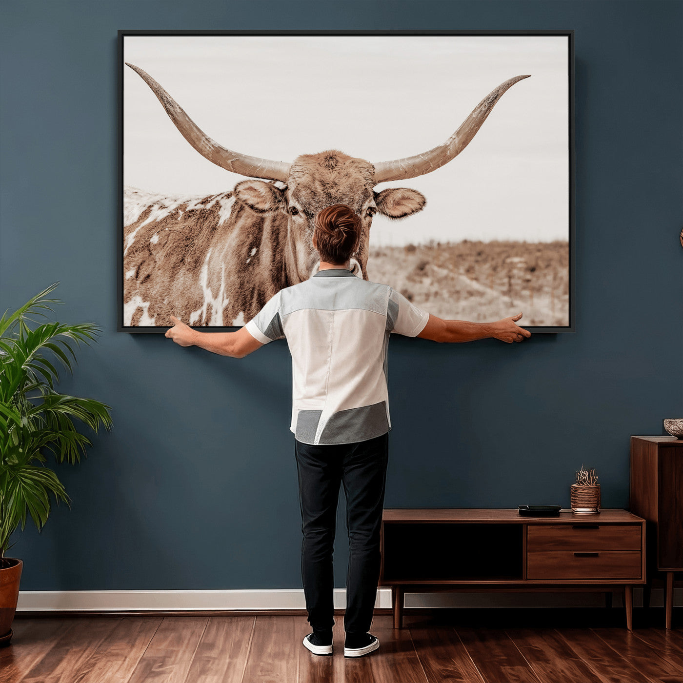39964150-MGV-CV-36X24 - Longhorn Cow Wall Art Canvas Print, Texas Ranch Print, Framed Western Bull Art Print, Large BigHorn Cowboy Printing Perfect for County Decor