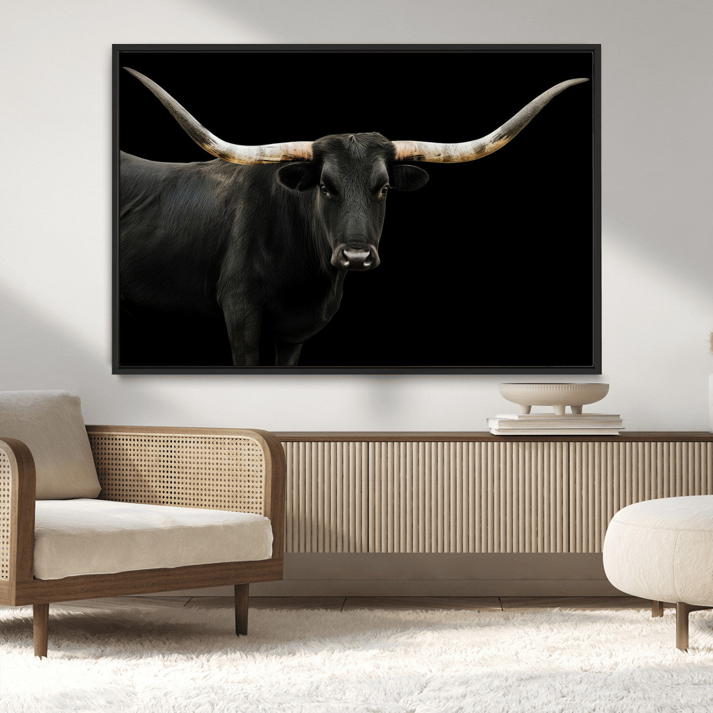 99448328-MGV-CV-36X24-Longhorn Cattle Wall Art Canvas Print – Framed Texas Ranch Scene with Western Cow Artwork for Home, Office, Living Room