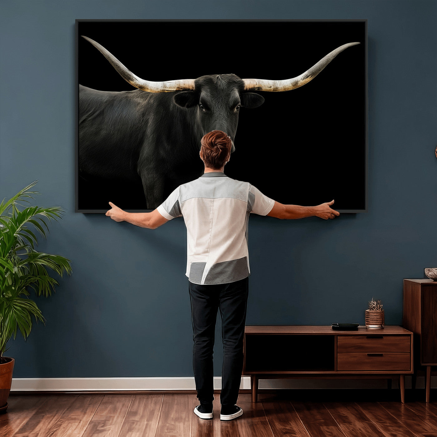 99448328-MGV-CV-36X24 - Longhorn Cattle Wall Art Canvas Print, Framed Texas Black Bull Art Picture Print, Western Cow Perfect Farmhouse Decor Artwork