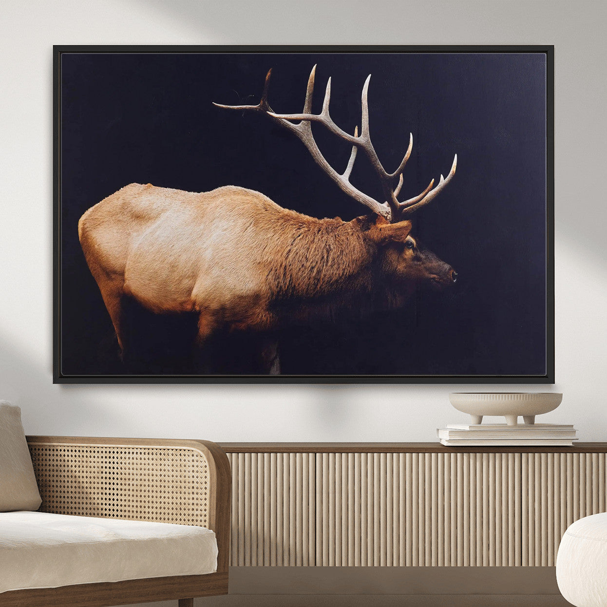 89239257-MGV-FC-36X24 - Rustic Elk Wall Art Canvas Print – Framed Moody Wildlife Art Picture Western Animal Artwork for Home, Office