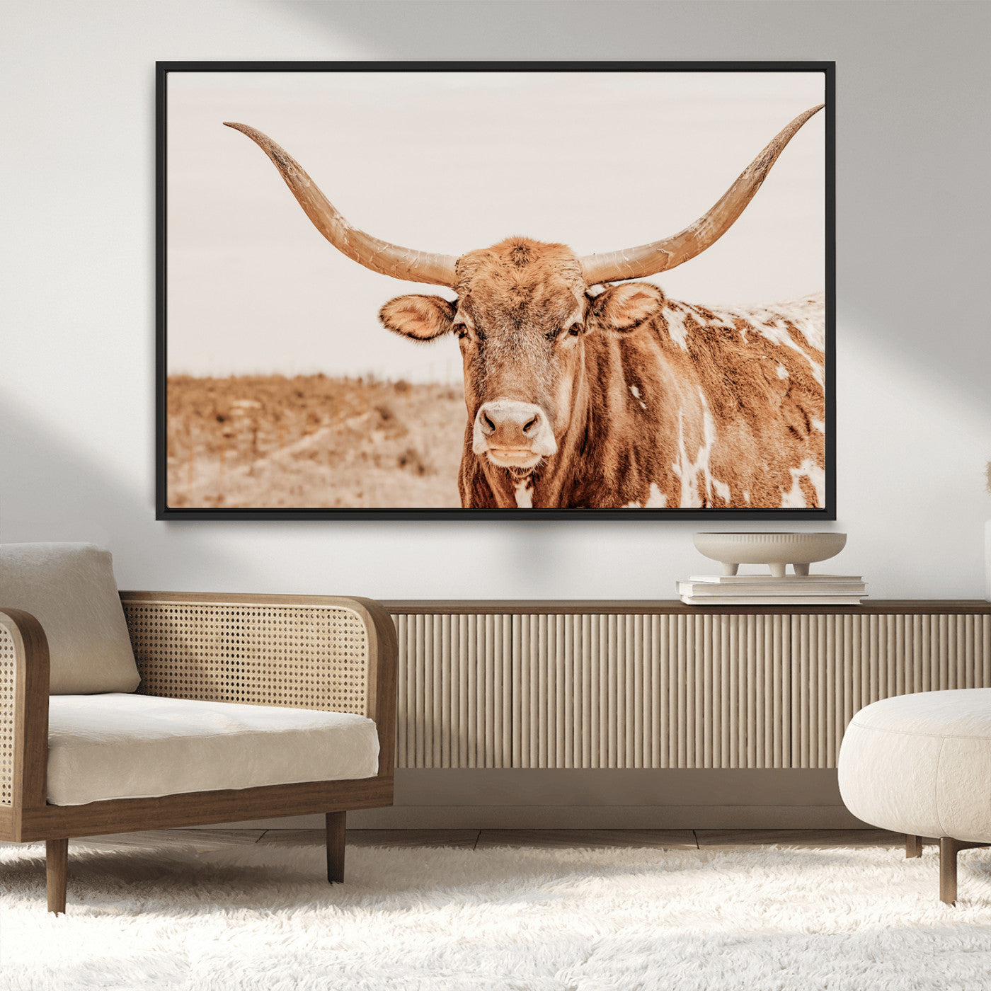 74406977-MGV-CV-36X24-Longhorn Bull Wall Art Canvas Print – Framed Western Cow Rustic Farmhouse Neutral Country Animal Artwork for Home Office