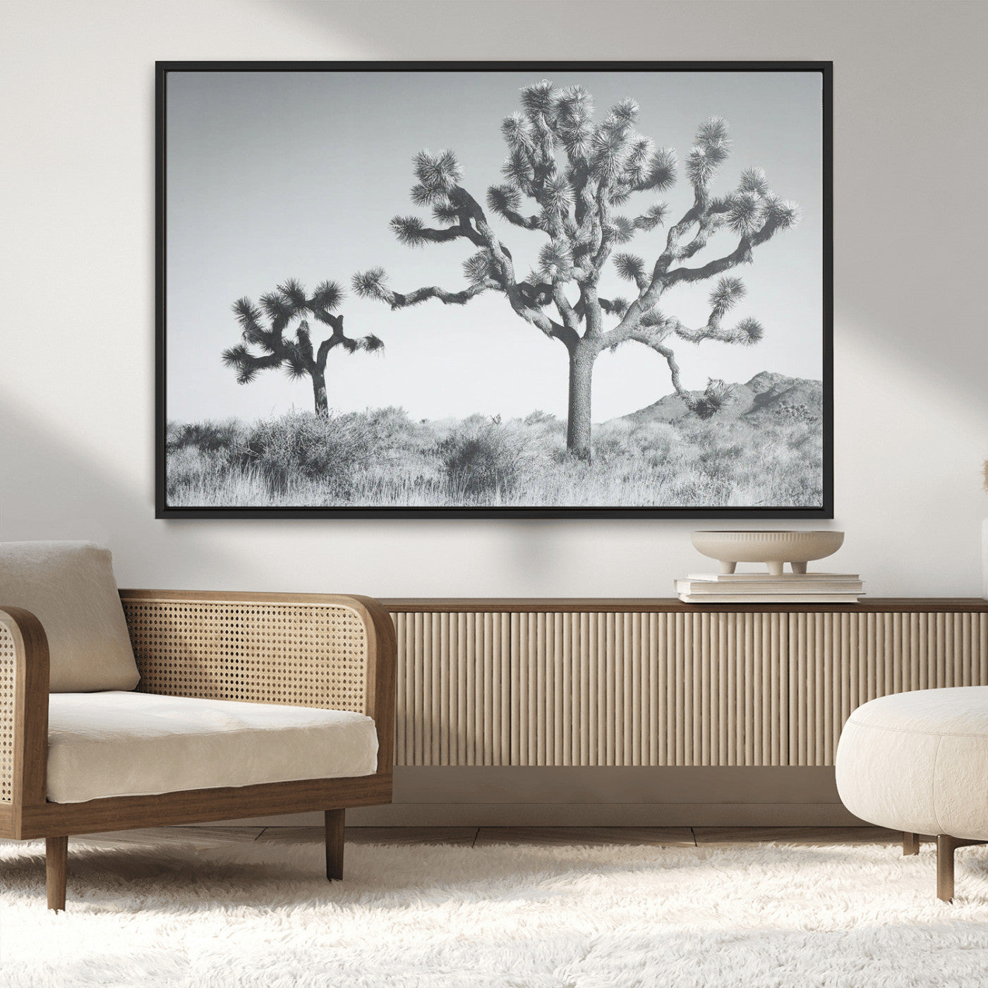 58647785-MGV-CV-36X24-Joshua Trees Wall Art Canvas Print – Framed Black White Desert Landscape Dry Grass Hills Tranquil Artwork for Home Office