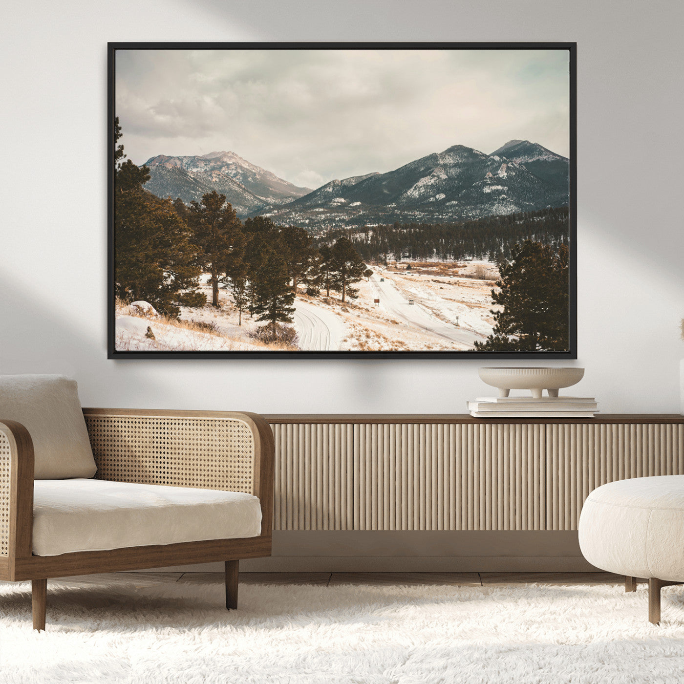 77311749-MGV-CV-36X24-Mountain Landscape Wall Art Canvas Print – Framed Snowy Peaks Alpine Aesthetic Rustic Winter Scene Artwork for Home Office