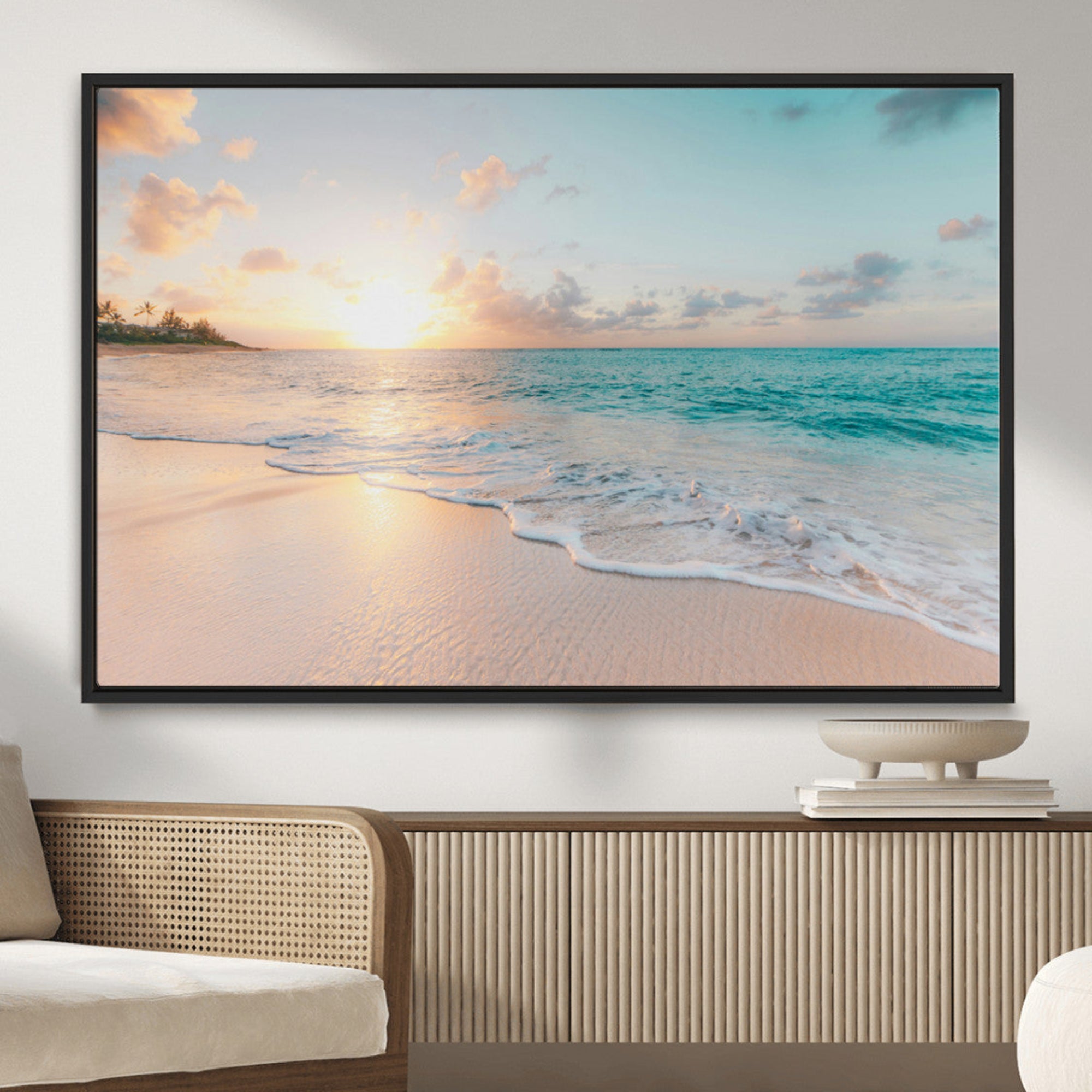 94538225-MGV-CV-36X24-Beach Sunset Wall Art Canvas Print – Framed Ocean Waves Summer Escape Coastal Nature Scene Artwork for Home Office