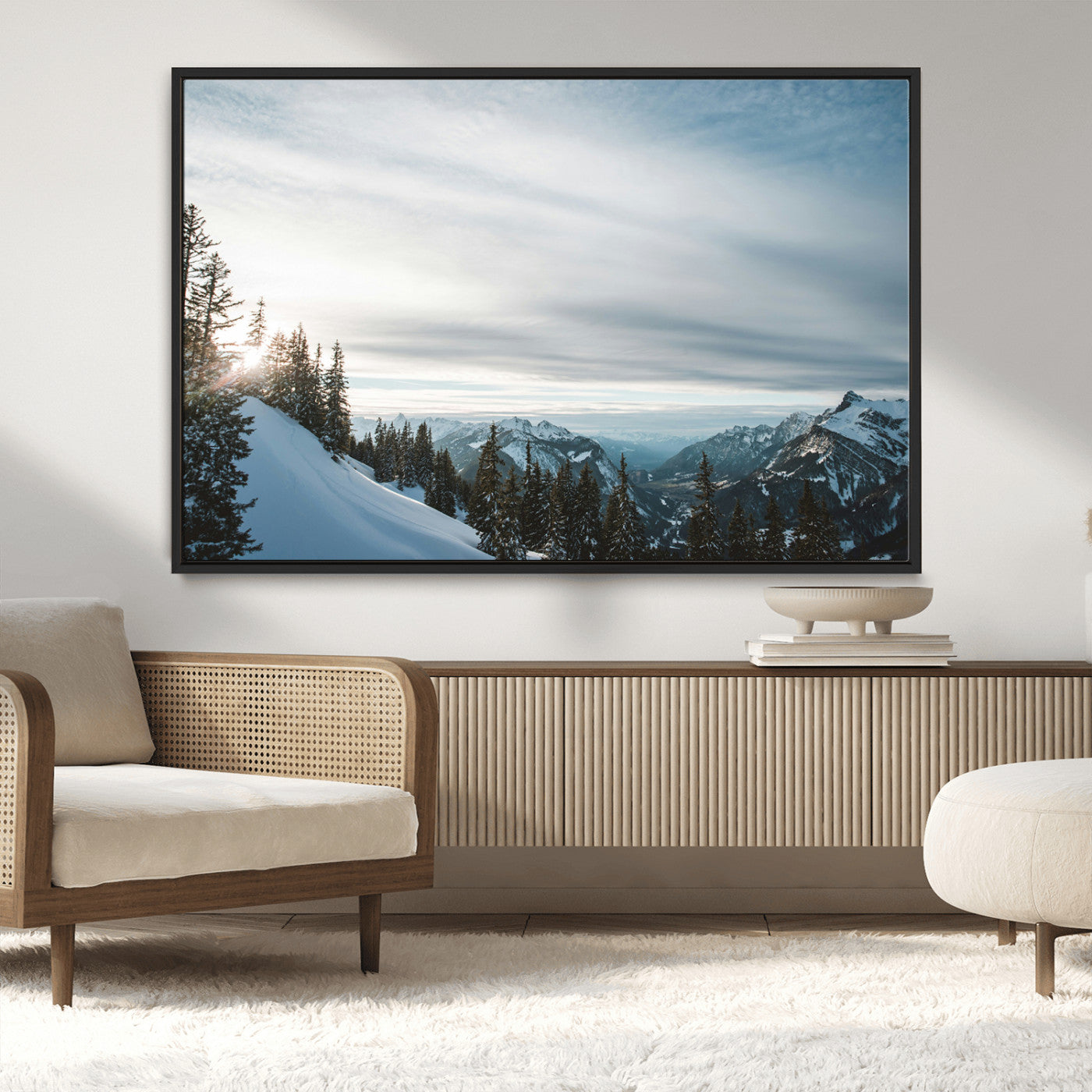 55564749-MGV-CV-36X24-Snowy Mountains Wall Art Canvas Print – Framed Alpine Landscape Frosty Peaks Nordic Minimalist Nature Artwork for Home, Office