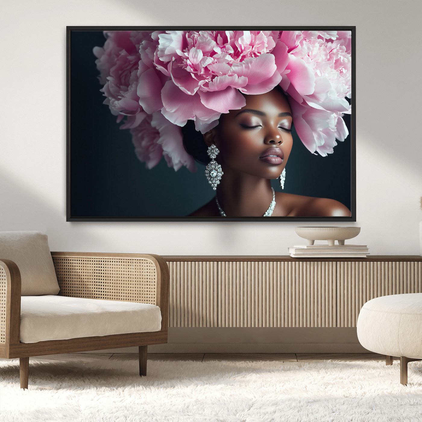 -Black Beauty Petal Crown Wall Art Canvas Print – Floral Petal Headpiece Elegant Design, Petal Inspired Artwork for Home, Office