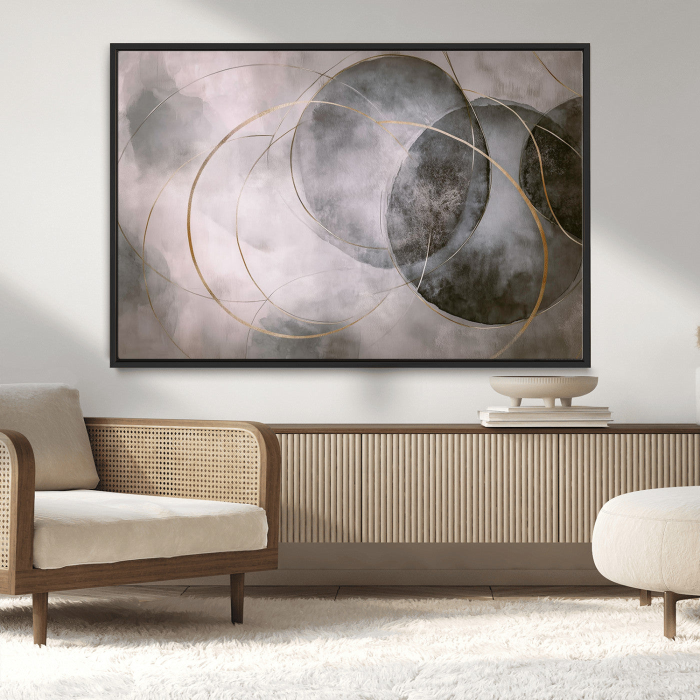 20066876-MGV-CV-36X24-Abstract Grey Gold Circle Wall Art – Modern Geometric Canvas Artwork, Minimal Elegant Design, Luxury Wall Decor for Home, Office