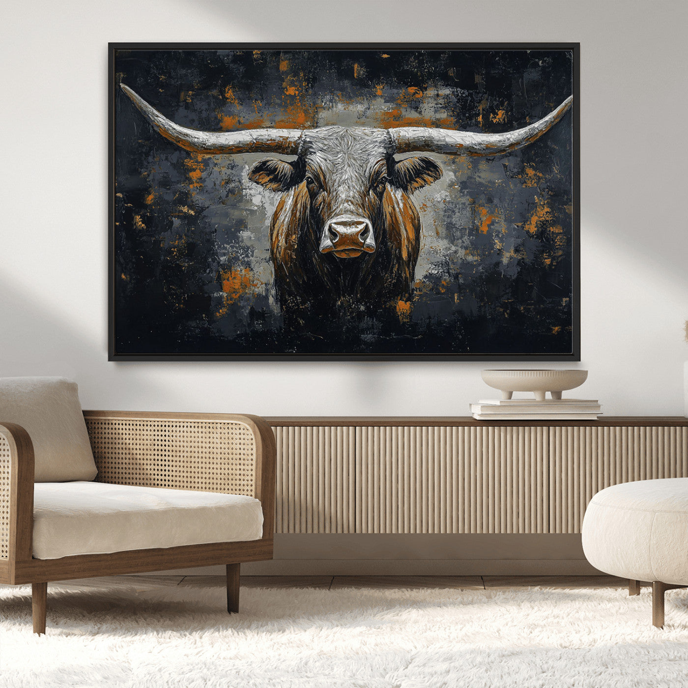 93195031-MGV-CV-36X24-Rustic Longhorn Bull Wall Art Canvas Print – Vintage Western Cattle Scene, Texas Steer Artwork for Home, Office