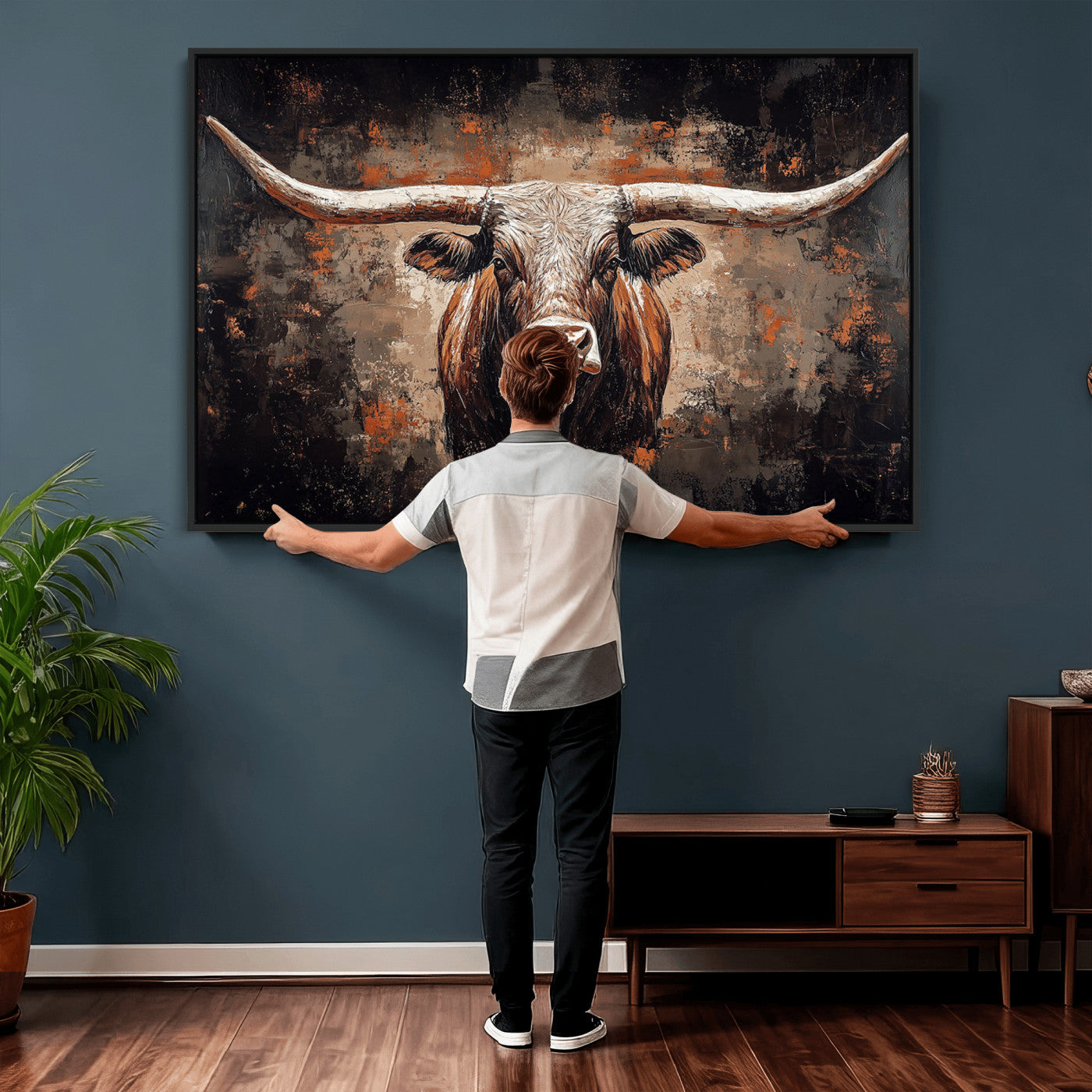 24779067-MGV-CV-36X24 - Rustic Longhorn Bull Wall Art Canvas Print – Vintage Western Cattle Painting, Texas Steer Artwork