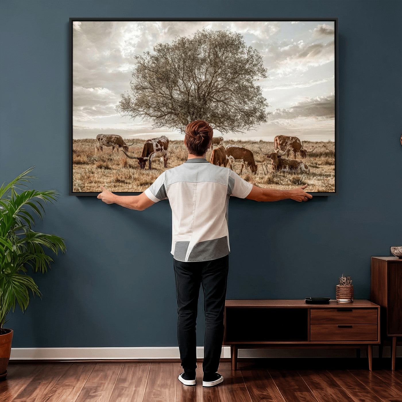 87590224-MGV-CV-36X24 - Texas Longhorn Cattle Wall Art Canvas Print – Rustic Western Ranch Scene with Steers at Sunset, Perfect for Farmhouse or Cowboy Decor