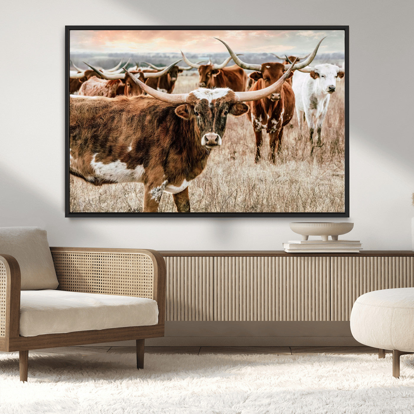 -Texas Longhorn Cattle Wall Art Canvas Print – Rustic Western Ranch Scene with Steers Sunset for Home, Office