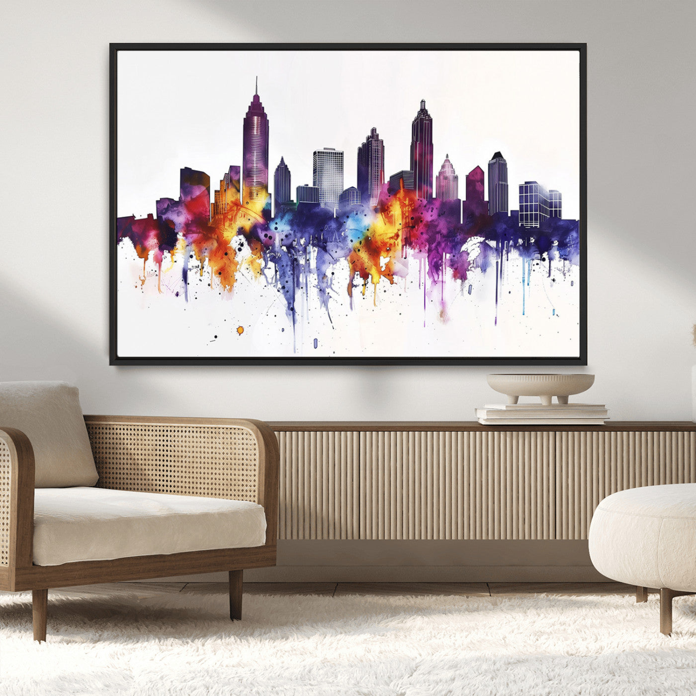 34479880-MGV-CV-36X24-Atlanta Skyline Wall Art Canvas Print – Framed Colorful Watercolor Cityscape Artwork for Home, Office, Living Room