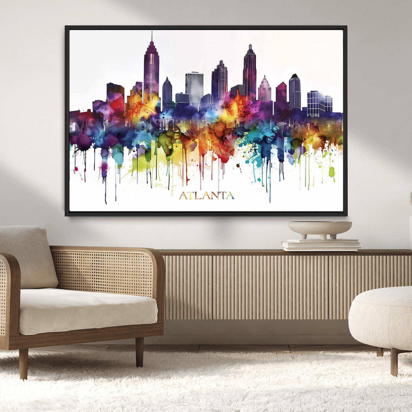 36048320-MGV-CV-36X24-Atlanta Skyline Wall Art Canvas Print – Framed Colorful Watercolor Cityscape Abstract Urban Artwork for Home, Office